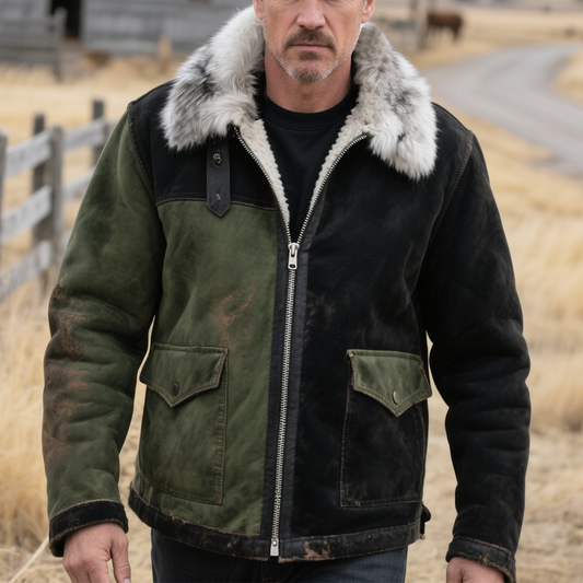 Men's Vintage Suede And Fur-Trimmed Colorblock Jacket Workwear