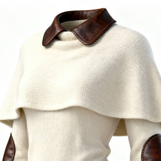Women's Elegant Beige Knit Cape Dress With Leather Accents