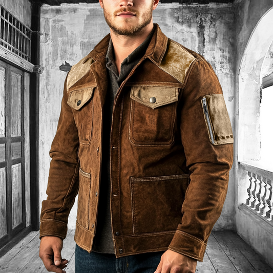 Men's Vintage Suede Multi-Pocket Patchwork Color Block Outdoor Motorcycle Jacket