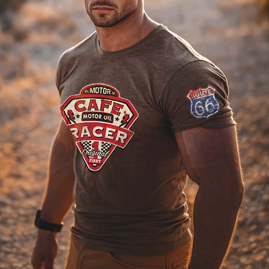 Men's Retro Western Route 66 Patch Print Cafe Racer T-Shirt