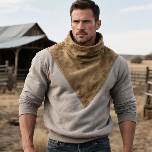 Men's Rustic Elegance High-Neck Sweatshirt With Suede Patch