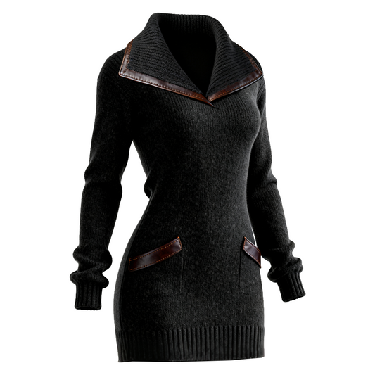 Women's Elegant Black Knit Dress With Leather Trim