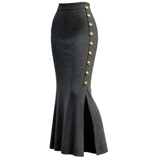 Women's High-Waisted Gray Side Slit Knitted Midi Skirt With Gold Buttons