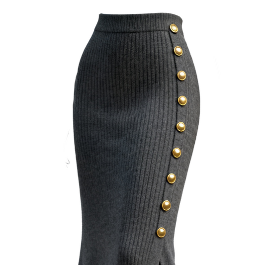 Women's High-Waisted Gray Side Slit Knitted Midi Skirt With Gold Buttons