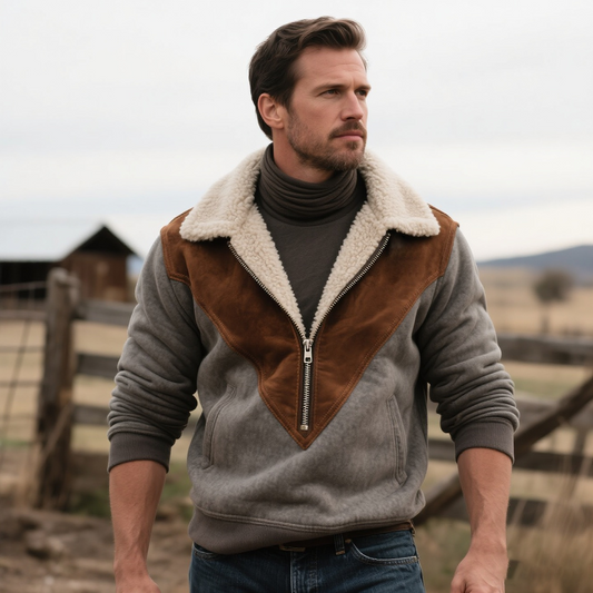 Men's Vintage Warm And Stylish Fleece-Lined Jacket Sweatshirt With Suede Patchwork