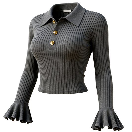 Women's Elegant Gray Ribbed Polo Neck Top With Flared Sleeves
