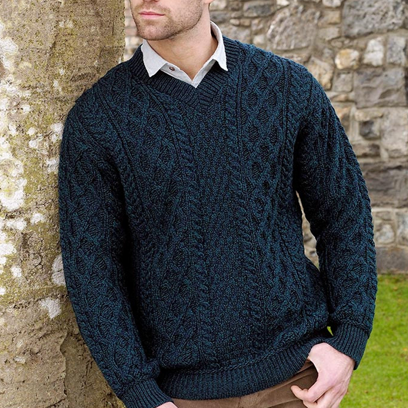 Men's Cable Knit V-Neck Wool Sweater