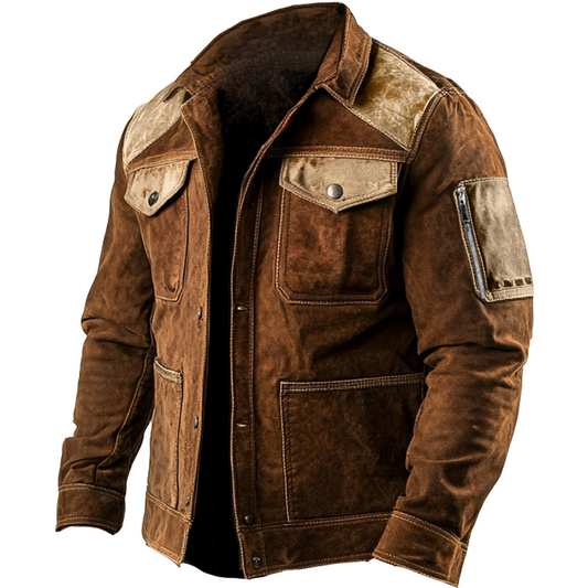Men's Vintage Suede Multi-Pocket Patchwork Color Block Outdoor Motorcycle Jacket