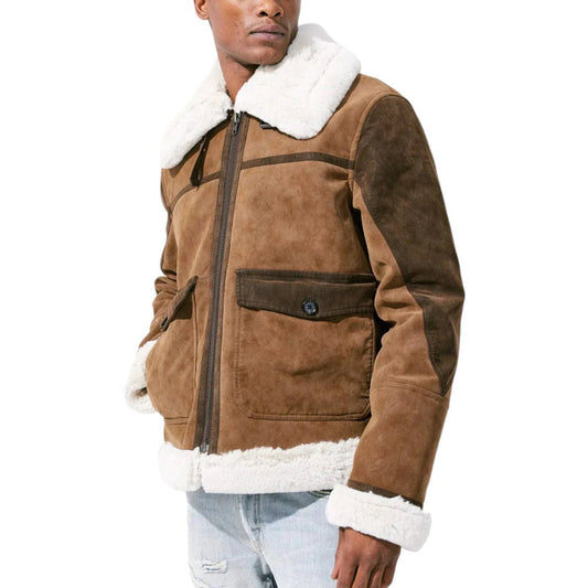 Men's Vintage Suede Contrast Fleece Lapel Fur Collar Bomber Sherpa Lined Jacket