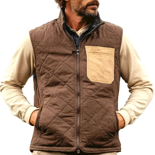 Men's Vintage Quilted Brown And Tan Pocket Stand Collar Vest