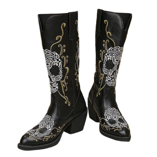 Women's Western Cowgirl Leather Embroidered Mid-calf Solid Color Thick Heel Knight Boots