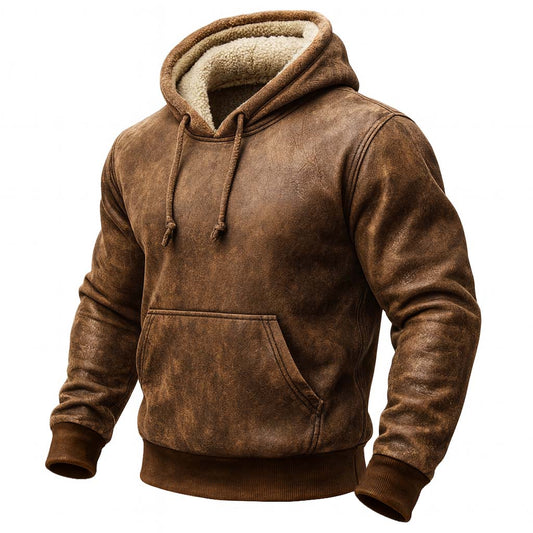 Men's Vintage Brown Leather Fleece Western Cowboy Warm Hoodie