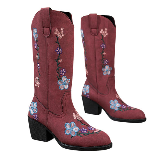 Women's Western Cowgirl Leather Floral Embroidered Mid-calf Solid Color Thick Heel Knight Boots