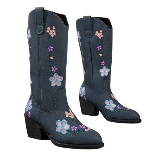 Women's Western Cowgirl Leather Floral Embroidered Mid-calf Solid Color Thick Heel Knight Boots