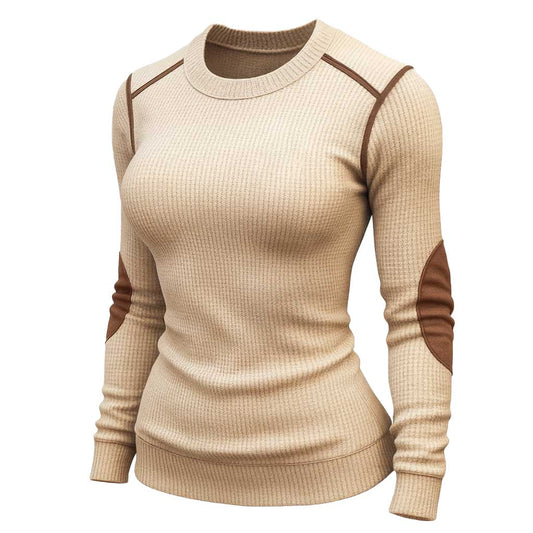 Women's Retro Waffle Knit Contrast Color Suede Long Sleeve Crew Neck Sweatshirt