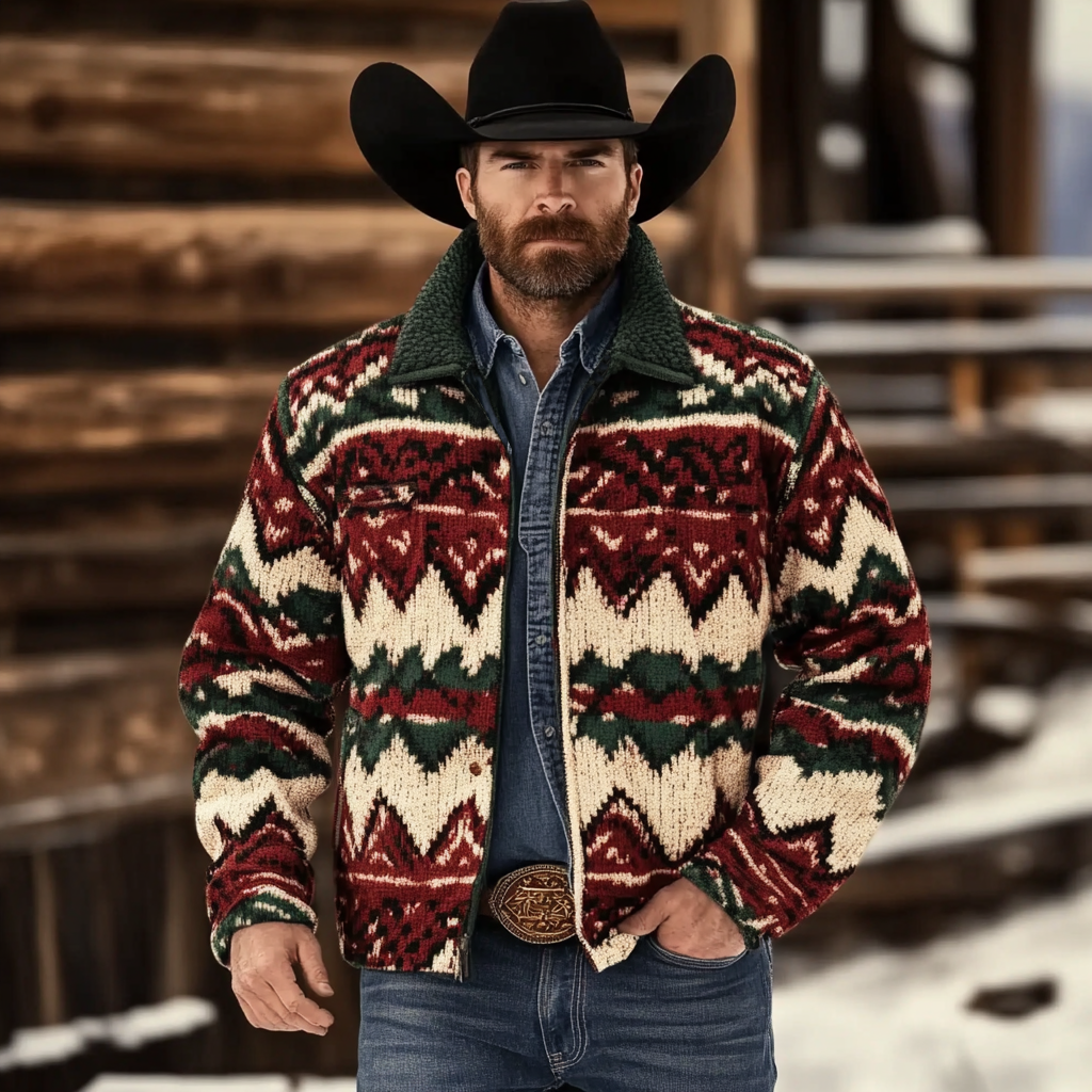 Men's Vintage Southwestern Western Aztec Print Wool Lapel Jacket