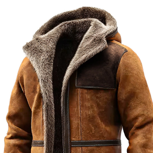 Men's Vintage Brown Suede Color-Block Fleece Hooded Mid-Length Jacket Coat