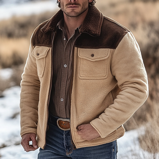 Men's Vintage Fleece Color Block Fur Lapel Collar Outdoor Jacket
