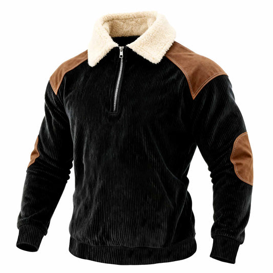 Men's Vintage Black Corduroy And Brown Suede Quarter-Zip Fleece Lapel Long-Sleeved Sweatshirt