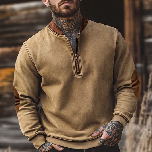Men's Vintage Elbow Patch Color Block Henley Zipper Long Sleeve Sweatshirt