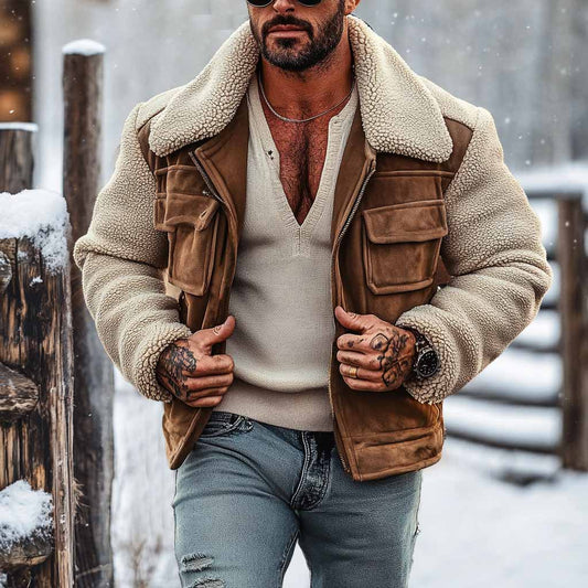 Men's Vintage Fleece Patchwork Suede Lapel Collar Outdoor Warm Shearing Jacket