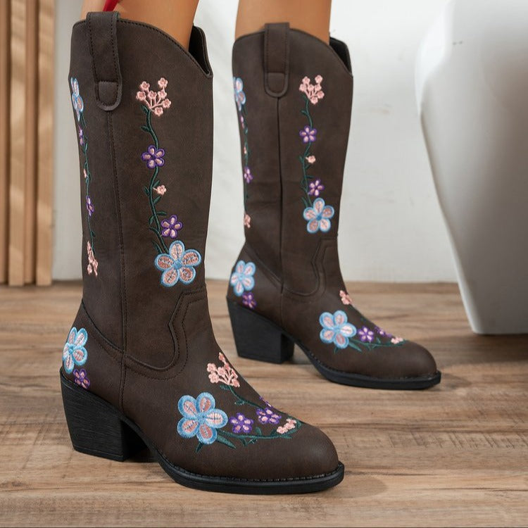 Women's Western Cowgirl Leather Floral Embroidered Mid-calf Solid Color Thick Heel Knight Boots