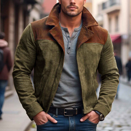 Men's Vintage Suede Color Block Pocket Lapel Collar Outdoor Motorcycle Jacket