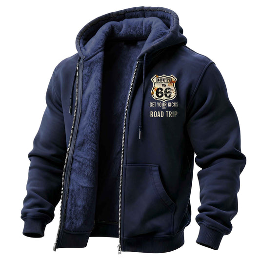 Men's Vintage Route 66 Road Trip Fleece Pocket Full Zip Long Sleeve Hoodie Jacket