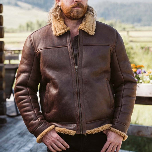 Men's Vintage Leather Shearling Fleece Fur Lapel Collar Outdoor Bomber Jacket