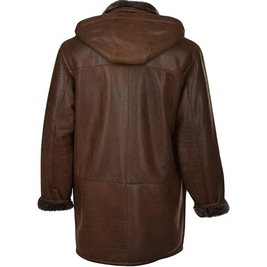 Men's Vintage Brown Leather-Look Duffle Coat With Faux Fur Lining