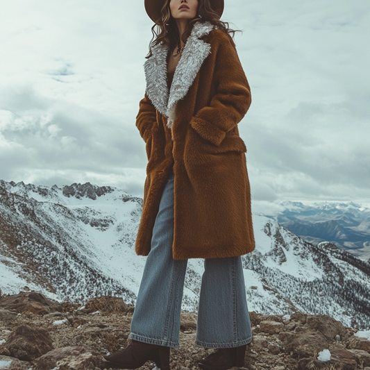 Women's Vintage Western Style Silver Fox Fur Trim Patchwork Lamb Fleece Jacket Long Afghan Coat