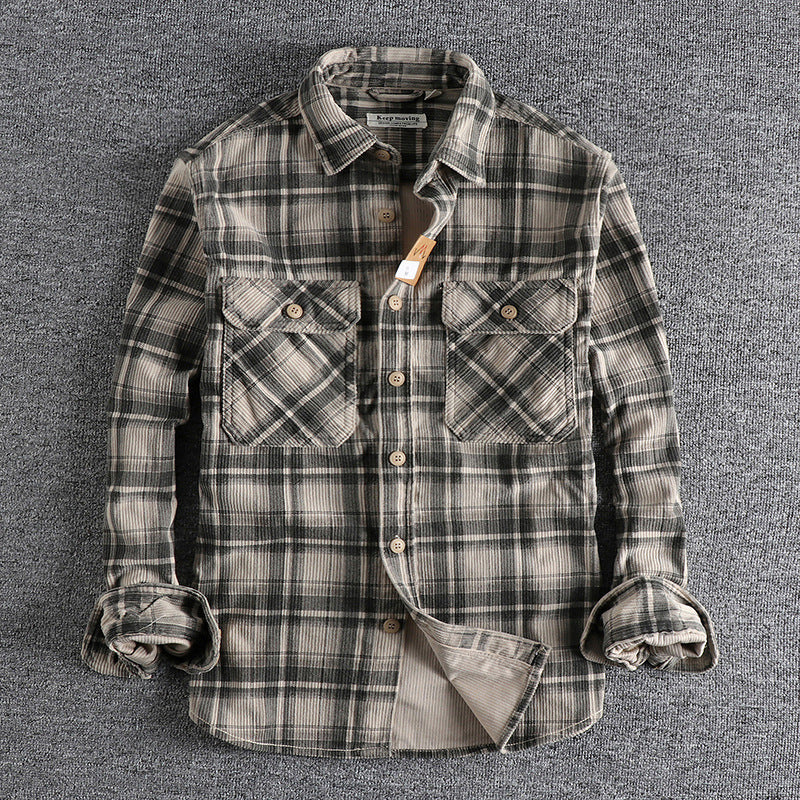 Corduroy Cotton Plaid Cargo Shirts Big Pockets Workwear