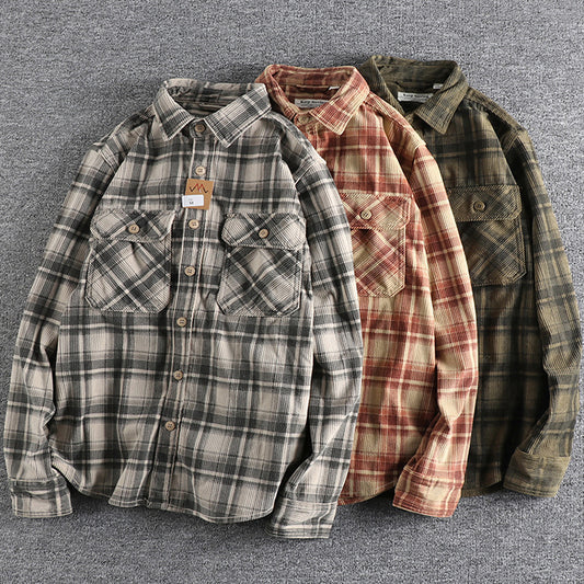 Corduroy Cotton Plaid Cargo Shirts Big Pockets Workwear