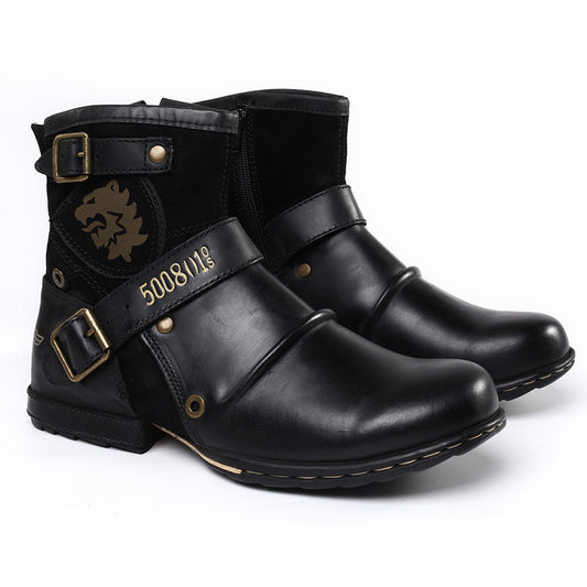 Stylish Motorcycle Boots With Buckle Straps And Embossed Design