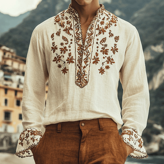 Men's Outdoor Elegant Gentleman Henley Beach Ethnic Patterns Khaki Linen Shirts