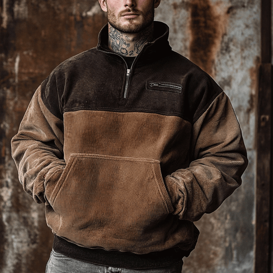 Men's Retro Vintage Splicing And Contrasting Colors 1/4 Zipper Sweater