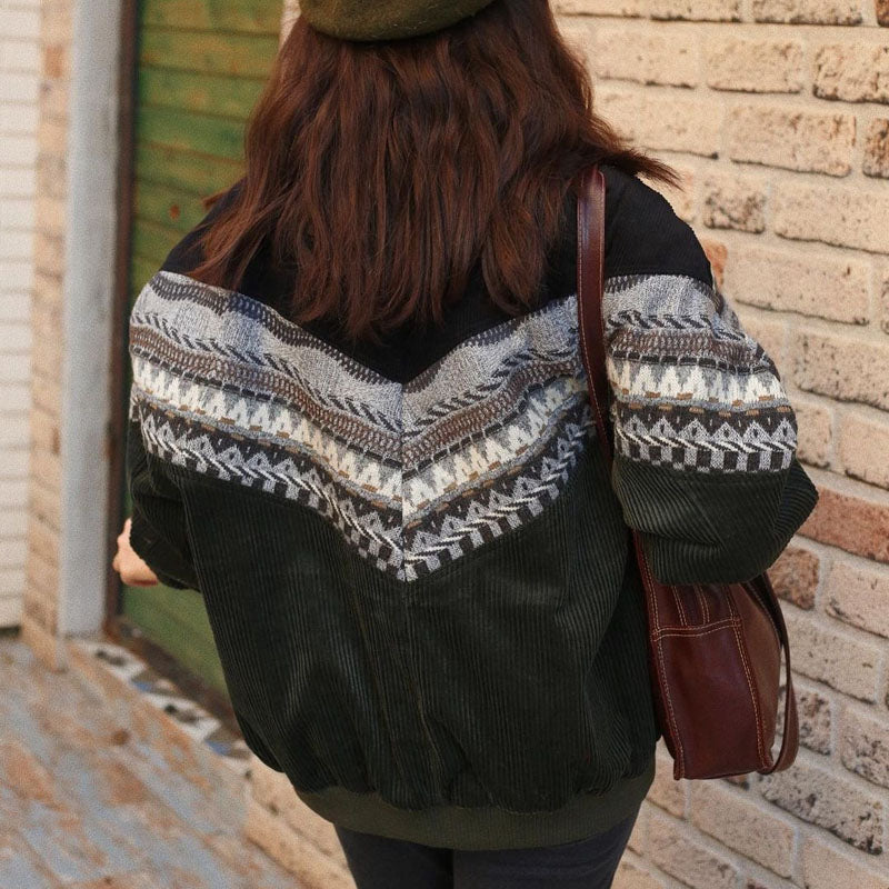 Women Retro Corduroy Patchwork Fleece Jacket Coat