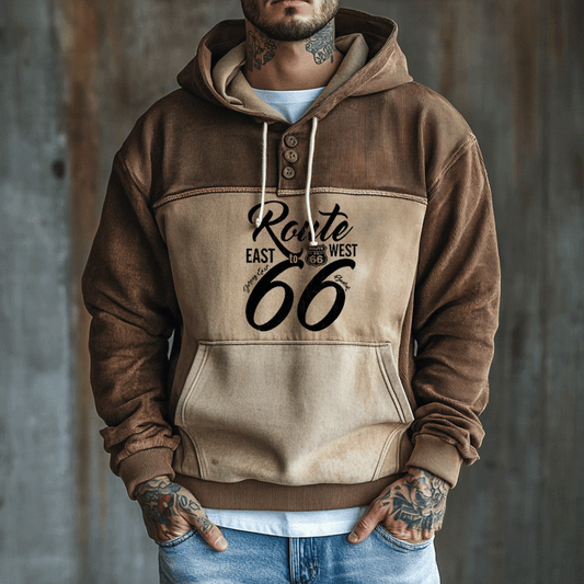 Men's Route66 Corduroy Splicing And Contrasting Colors Hoodie