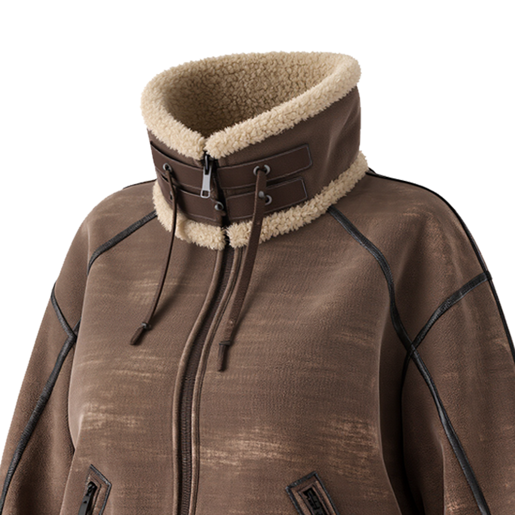 Brown Fleece Suede Jacket With High Collar And Sherpa Lining