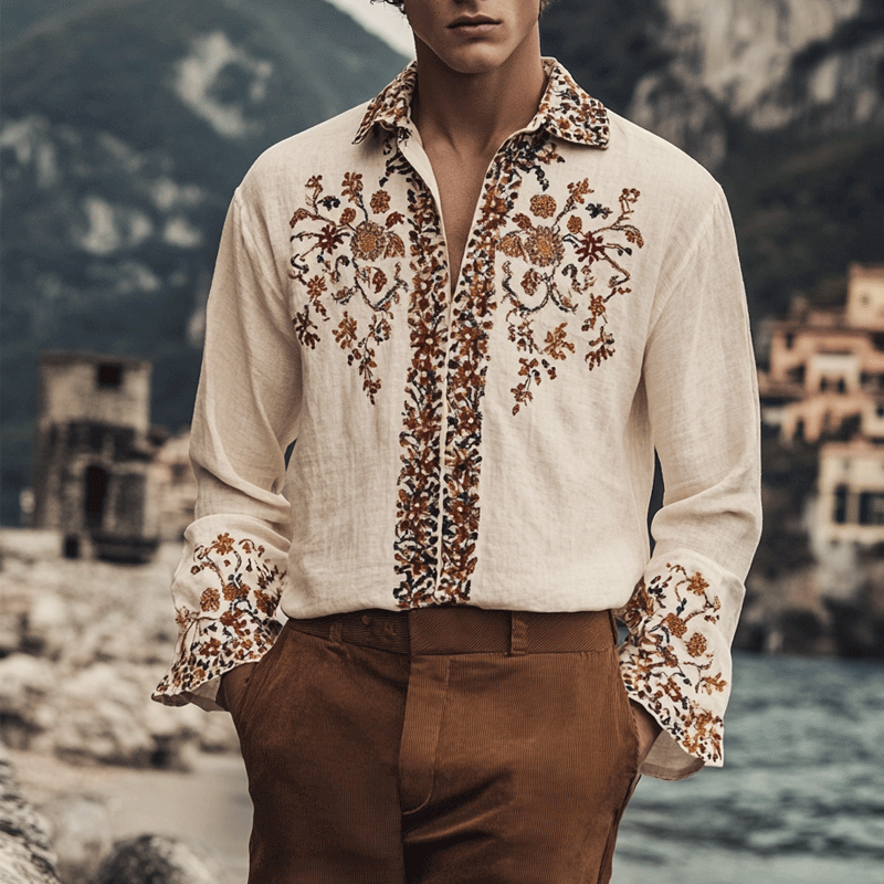 Men's Outdoor Elegant Gentleman Beach Ethnic Patterns Khaki Linen Shirts