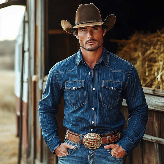 Retro Western Cowboy Men's Casual Long Sleeve Shirt