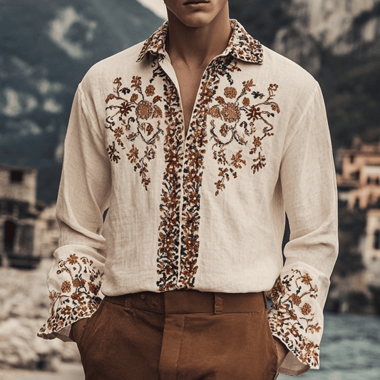 Men's Outdoor Elegant Gentleman Beach Ethnic Patterns Khaki Linen Shirts