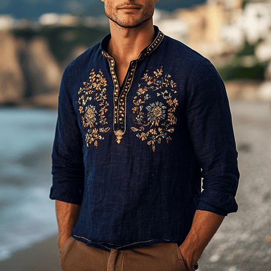 Men's Outdoor Elegant Gentleman Beach Ethnic Patterns Dark Blue Henley Linen Shirts