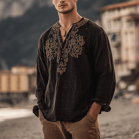 Men's Outdoor Elegant Gentleman Beach Black Ethnic Patterns Linen Shirts