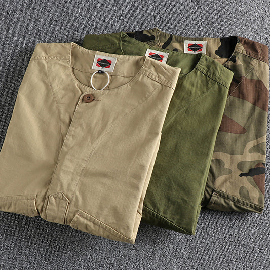Collarless Pockets Cotton Camo Men Tactical Shirt Jacket