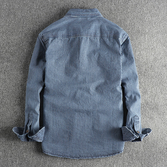 Corduroy Cotton Stripe Shirts Big Pockets Workwear