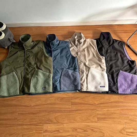 outdoor Reversible Fleece Vest for Men Double-faced Lambskin Vest Warm Short Vest