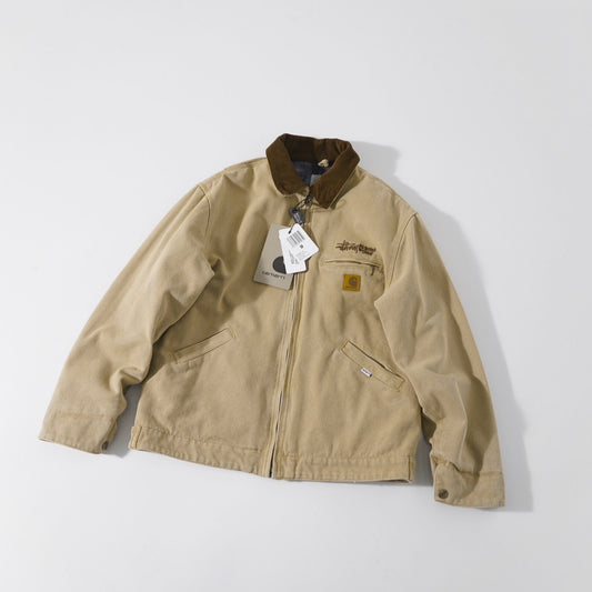 Stussy x Carhartt vintage J97 washed canvas jacket, loose-fitting collared zip-up coat for couples.