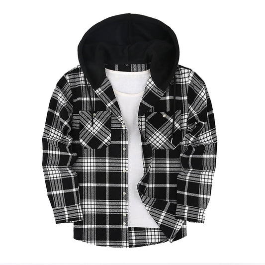 Hooded Casual Plaid Long-sleeved Shirt for Men in Red