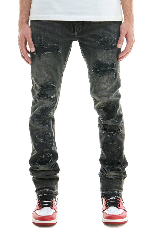 بنطال جينز سكيني مكدس، لون رمادي من قماش الدنيم المطاطي